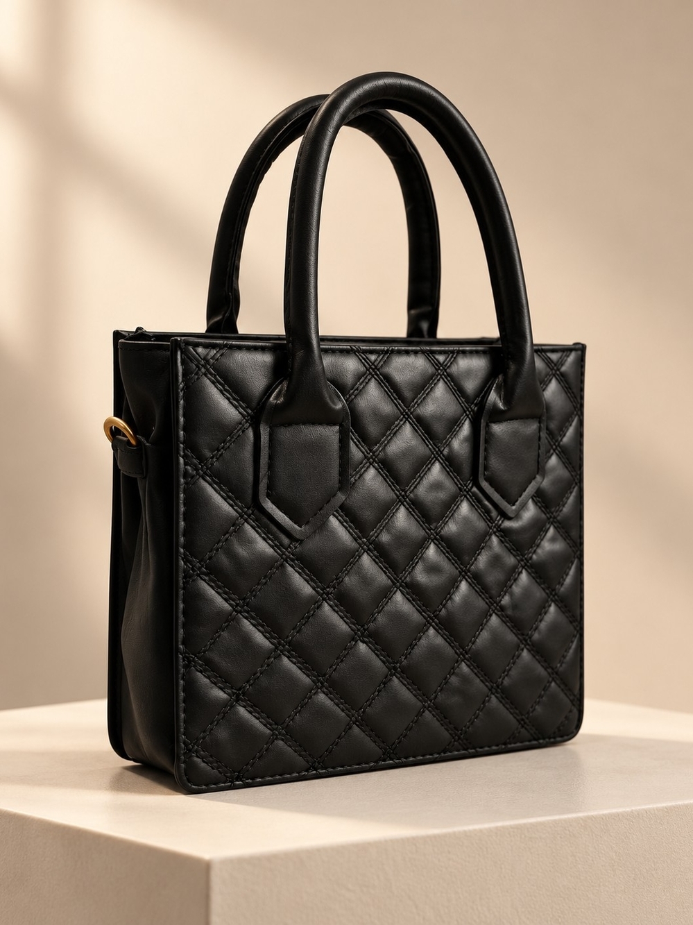 Quilted Black Leather Satchel with Top Handles by